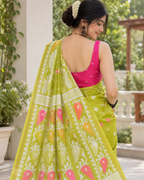 Chartreuse Lime Peacock Motif Chanderi Saree