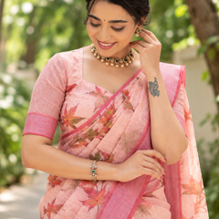 Peach Maple Leaf Print Chanderi Saree