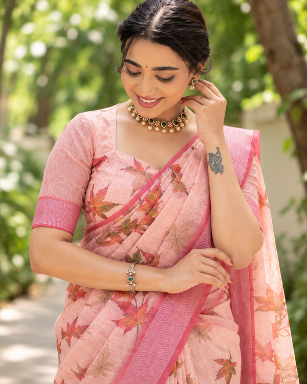 Peach Maple Leaf Print Chanderi Saree