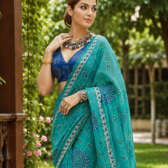 Teal Green Bandhani Mandala Saree