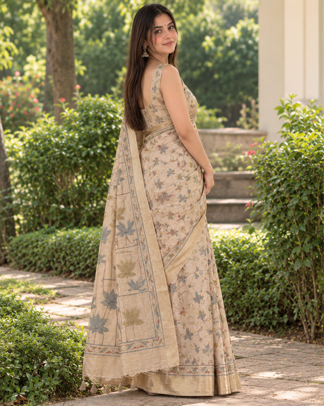 Beige Fawn Kalamkari Lotus Vine Premium Silk Saree