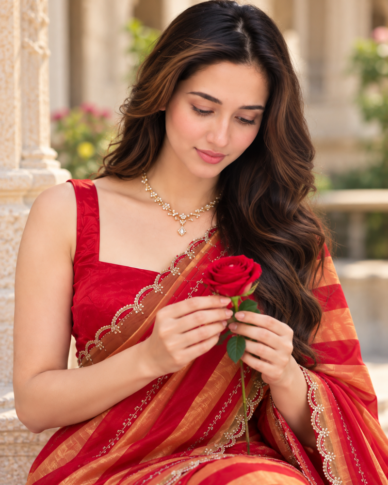 Crimson Red Leheriya Striped Fandy Silk Saree