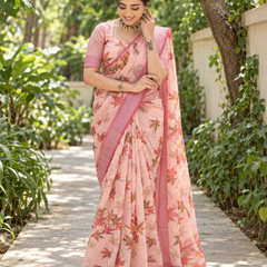 Peach Maple Leaf Print Chanderi Saree