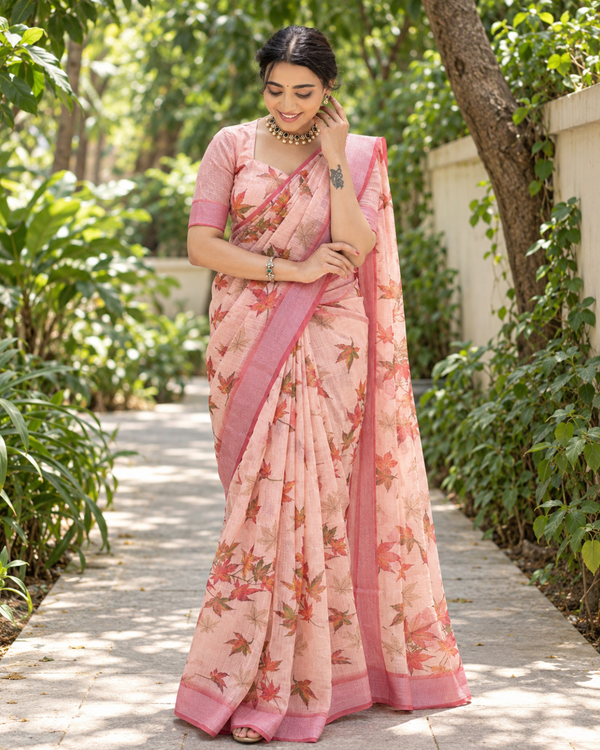 Peach Maple Leaf Print Chanderi Saree