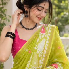 Chartreuse Lime Peacock Motif Chanderi Saree
