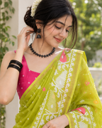 Chartreuse Lime Peacock Motif Chanderi Saree