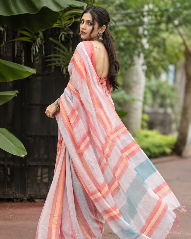 Coral Peach Multi-Tone Striped Linen Saree