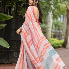 Coral Peach Multi-Tone Striped Linen Saree