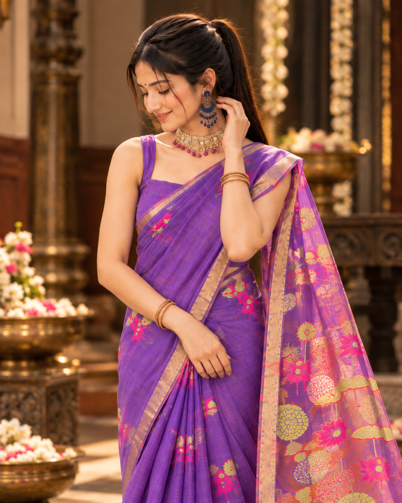 Lilac Purple Garden Jamdani Cotton Saree