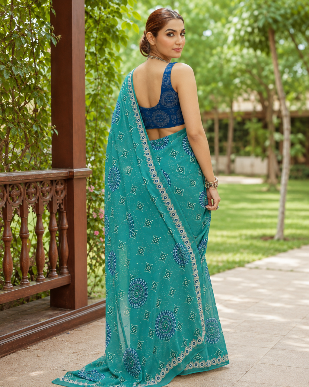Teal Green Bandhani Mandala Saree