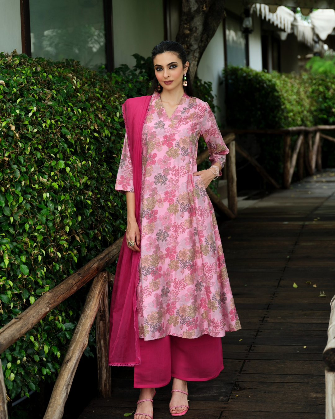 Fuchsia Blossom Flared Kurti Set