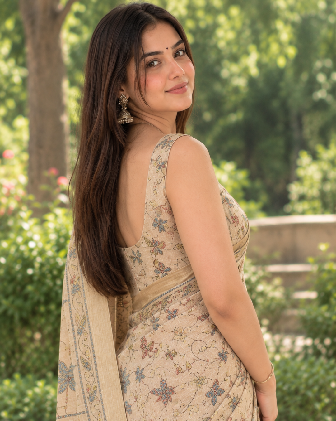 Beige Fawn Kalamkari Lotus Vine Premium Silk Saree