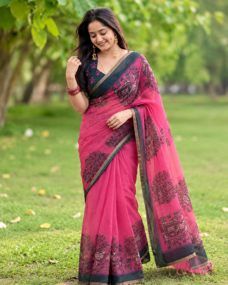 Fuchsia Pink Heritage Elephant Printed Linen Saree