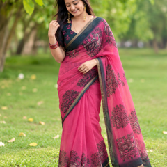 Fuchsia Pink Heritage Elephant Printed Linen Saree