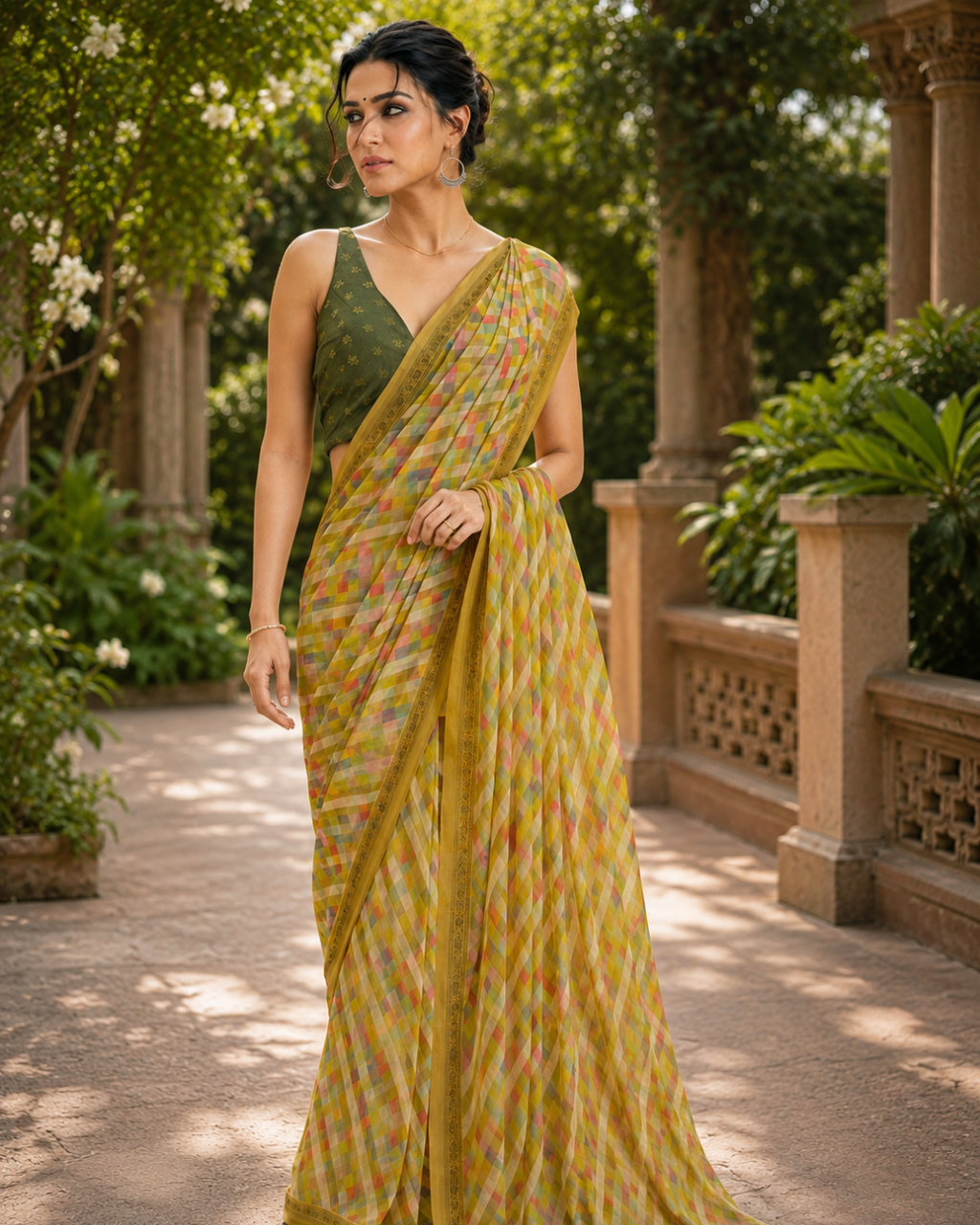 Mustard Olive Pastel Gingham Saree