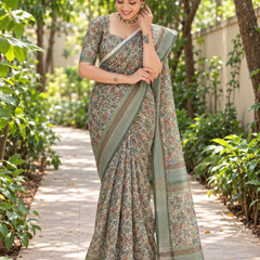Sage Green Kalamkari Floral Chanderi Saree