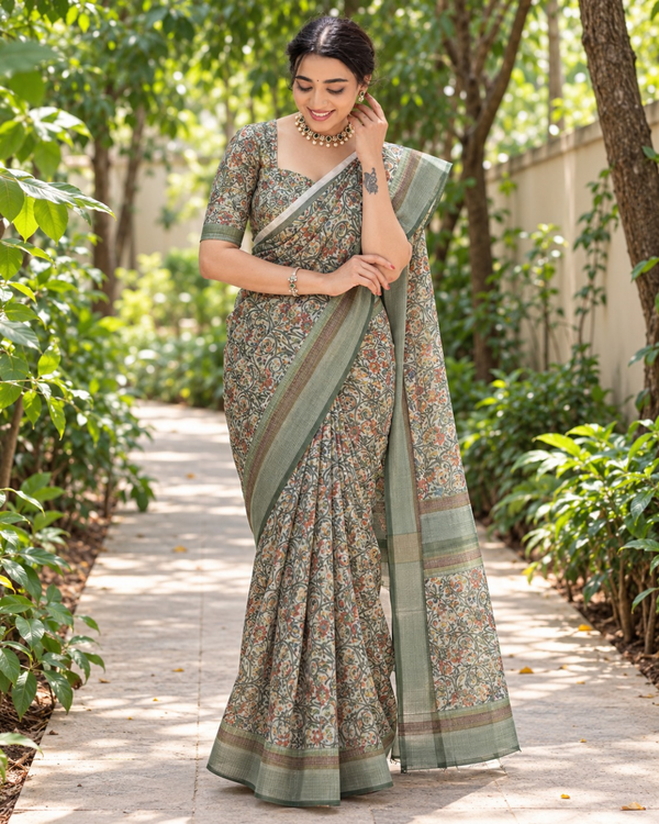 Sage Green Kalamkari Floral Chanderi Saree