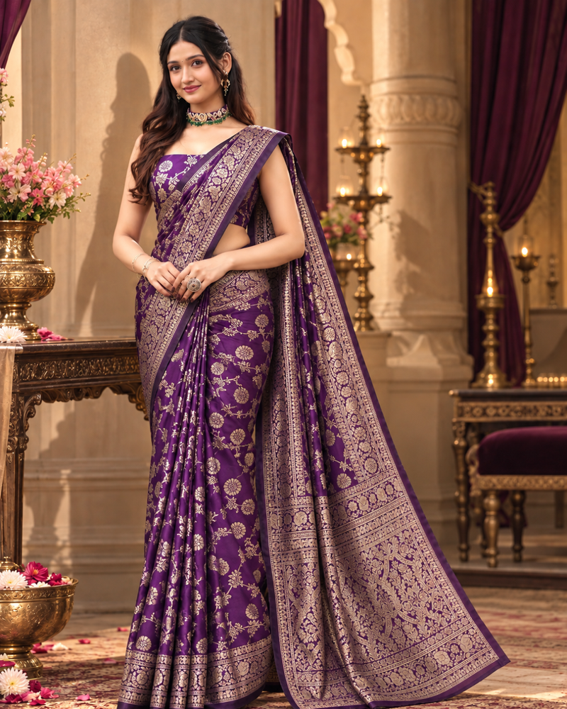 Royal Purple Golden Jaal Banarasi Silk Saree
