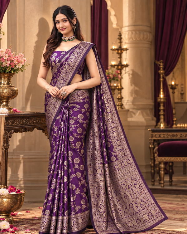 Royal Purple Golden Jaal Banarasi Silk Saree