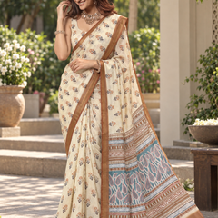 Cream Floral Booti Paisley Chanderi Saree