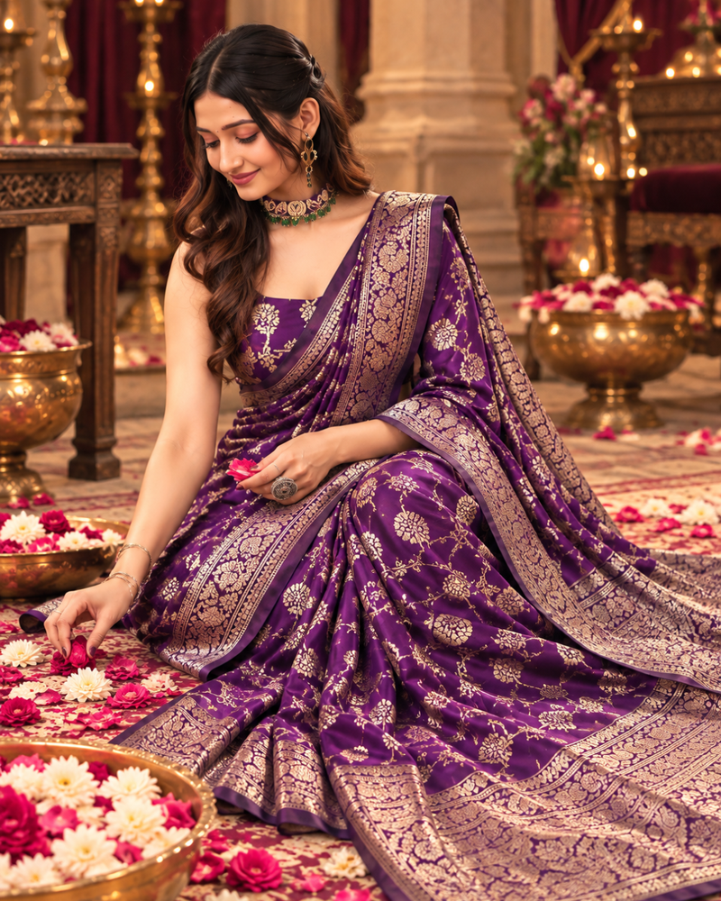 Royal Purple Golden Jaal Banarasi Silk Saree