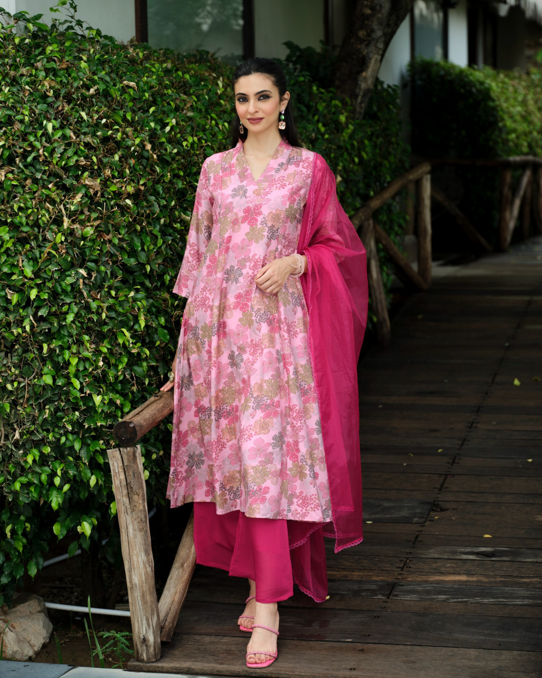 Fuchsia Blossom Flared Kurti Set