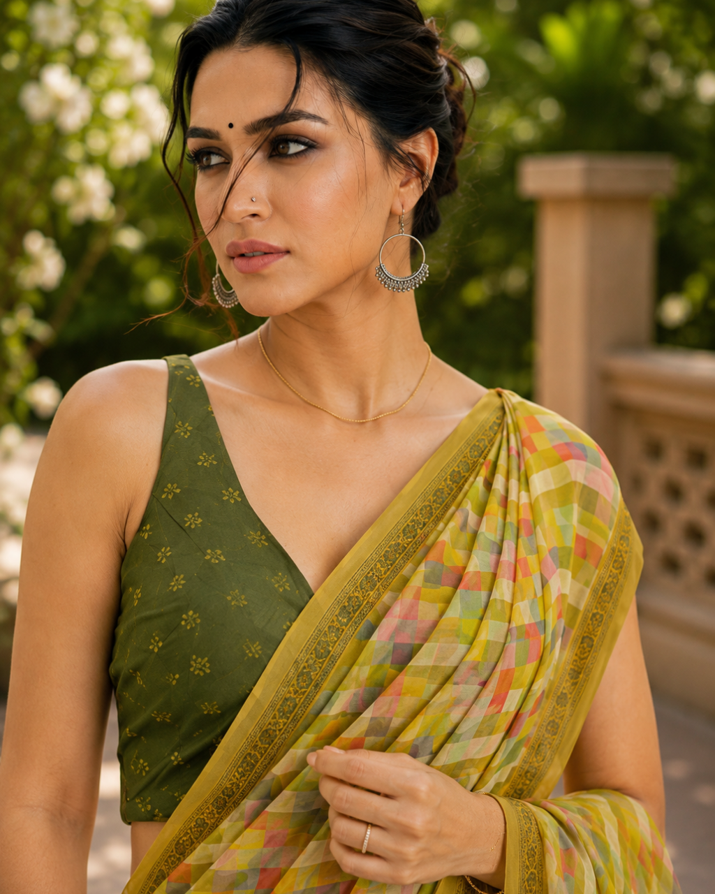 Mustard Olive Pastel Gingham Saree