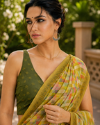 Mustard Olive Pastel Gingham Saree