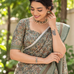 Sage Green Kalamkari Floral Chanderi Saree