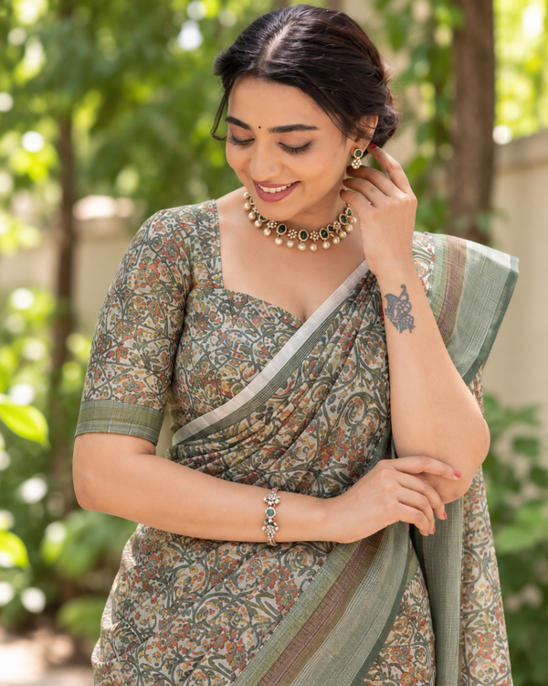 Sage Green Kalamkari Floral Chanderi Saree
