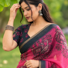 Fuchsia Pink Heritage Elephant Printed Linen Saree