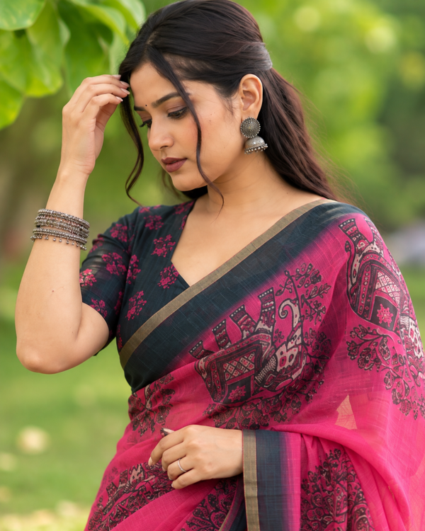Fuchsia Pink Heritage Elephant Printed Linen Saree