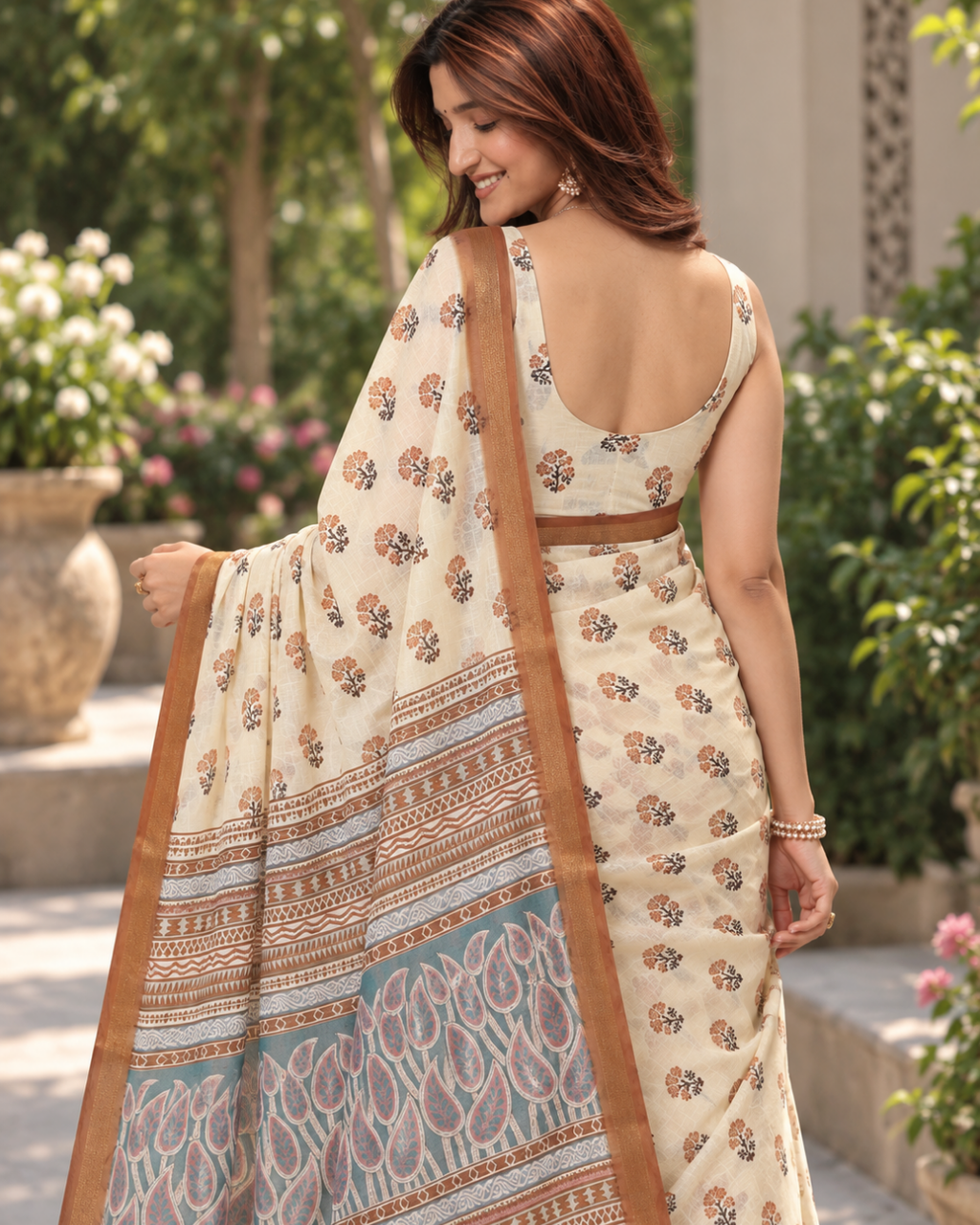 Cream Floral Booti Paisley Chanderi Saree