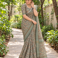 Sage Green Kalamkari Floral Chanderi Saree
