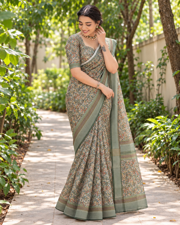 Sage Green Kalamkari Floral Chanderi Saree