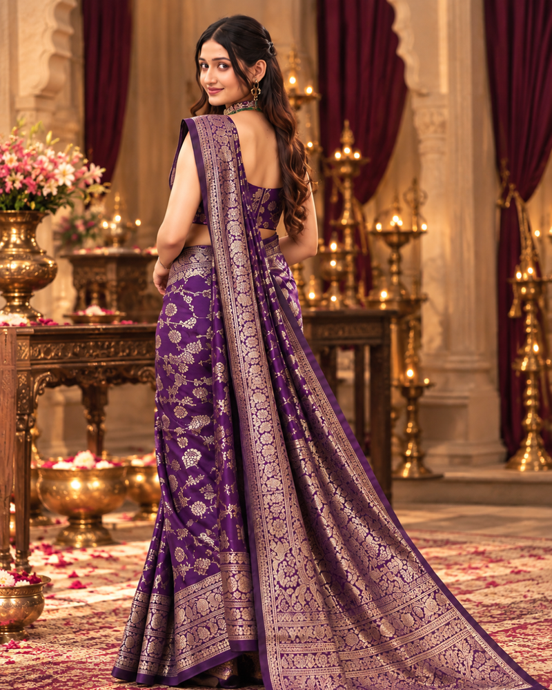 Royal Purple Golden Jaal Banarasi Silk Saree
