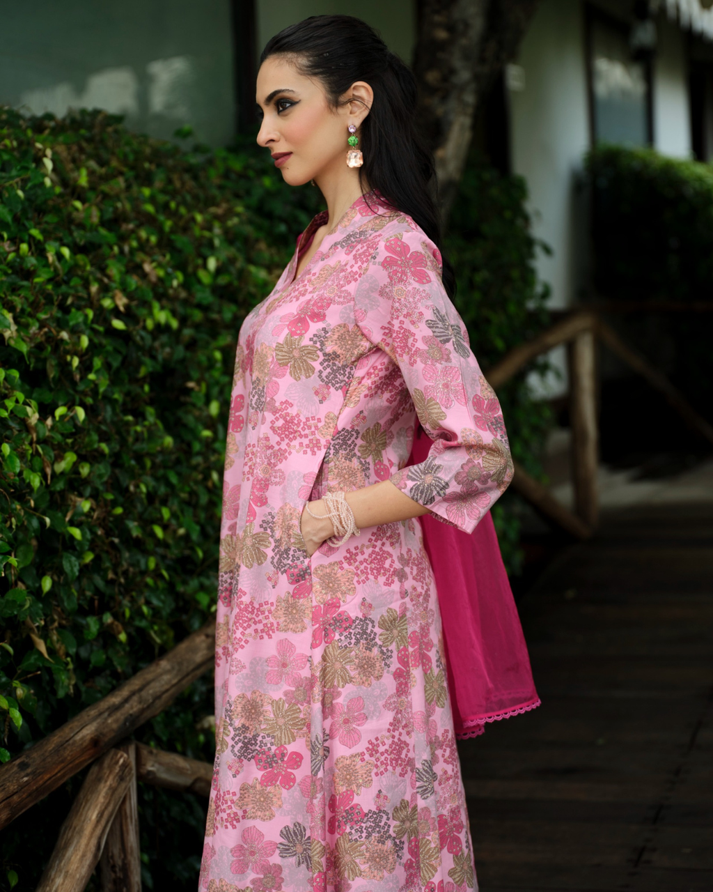 Fuchsia Blossom Flared Kurti Set