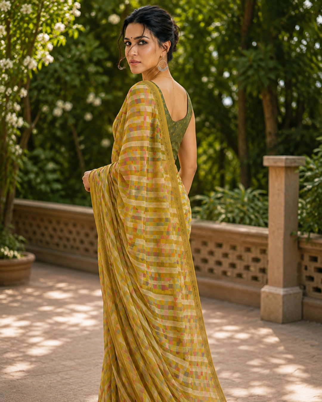 Mustard Olive Pastel Gingham Saree