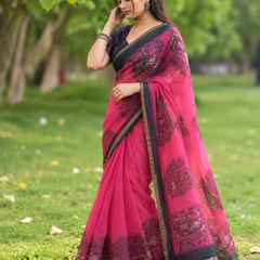 Fuchsia Pink Heritage Elephant Printed Linen Saree