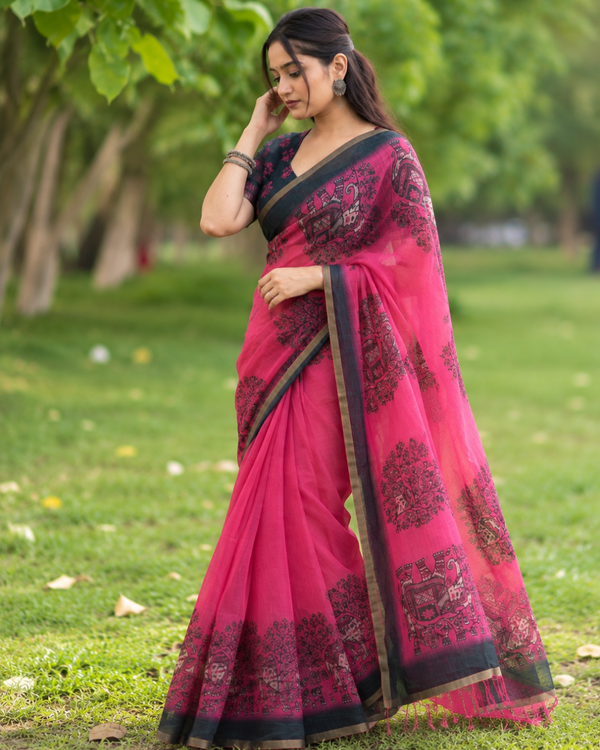 Fuchsia Pink Heritage Elephant Printed Linen Saree