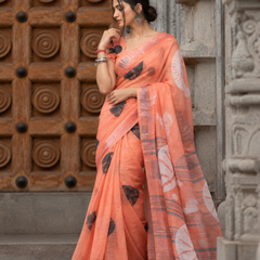 Tangerine Peach Half-Moon Shibori Motif Linen Saree