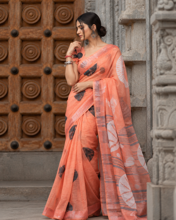 Tangerine Peach Half-Moon Shibori Motif Linen Saree