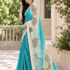 Turquoise Blue Bandhani Kalamkari Fandy Silk Saree
