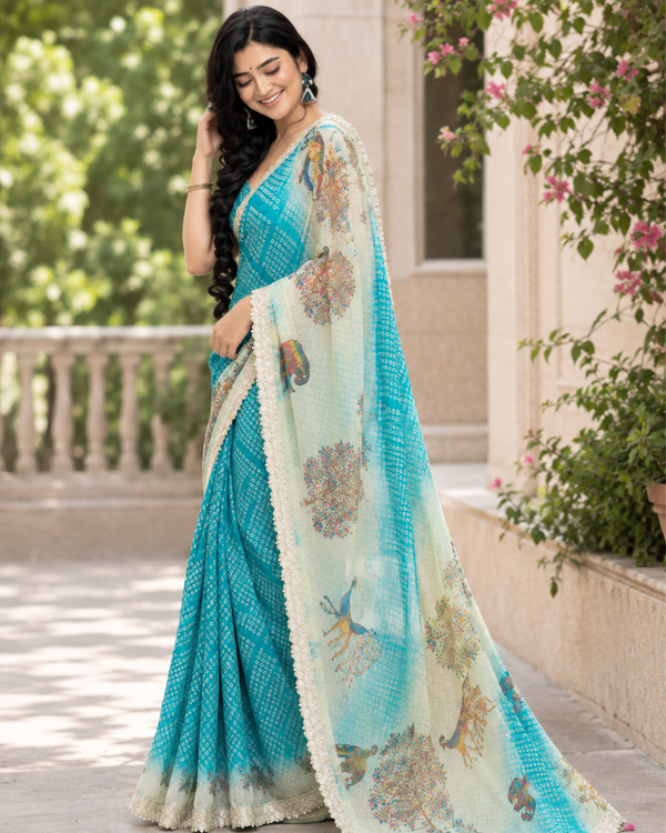 Turquoise Blue Bandhani Kalamkari Fandy Silk Saree