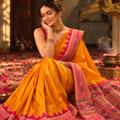 Mustard Yellow Rani Border Banarasi Silk Saree
