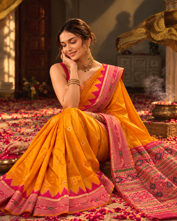 Mustard Yellow Rani Border Banarasi Silk Saree