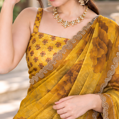 Mustard Ochre Watercolor Floral Fandy Silk Saree