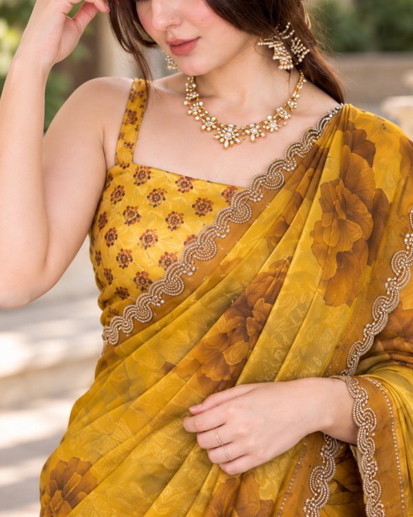 Mustard Ochre Watercolor Floral Fandy Silk Saree