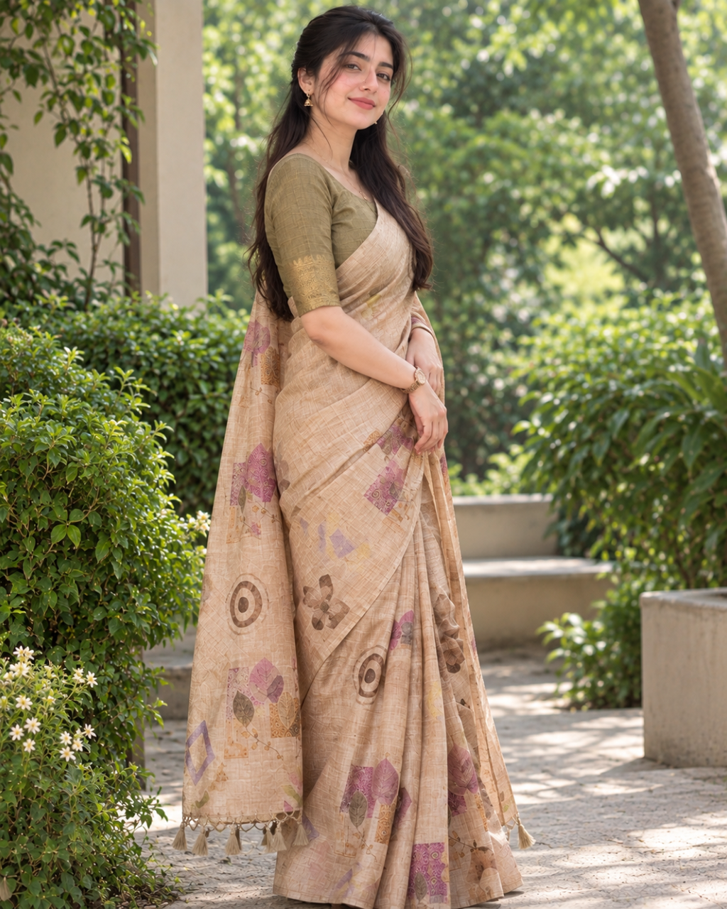 Beige Fawn Abstract Geometric Block Premium Silk Saree