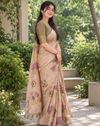 Beige Fawn Abstract Geometric Block Premium Silk Saree